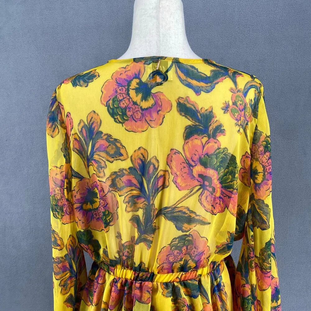 Misa Kaia Floral Chiffon Mini Dress Womens L Canary Yellow Anthropologie Revolve - Picture 8 of 16